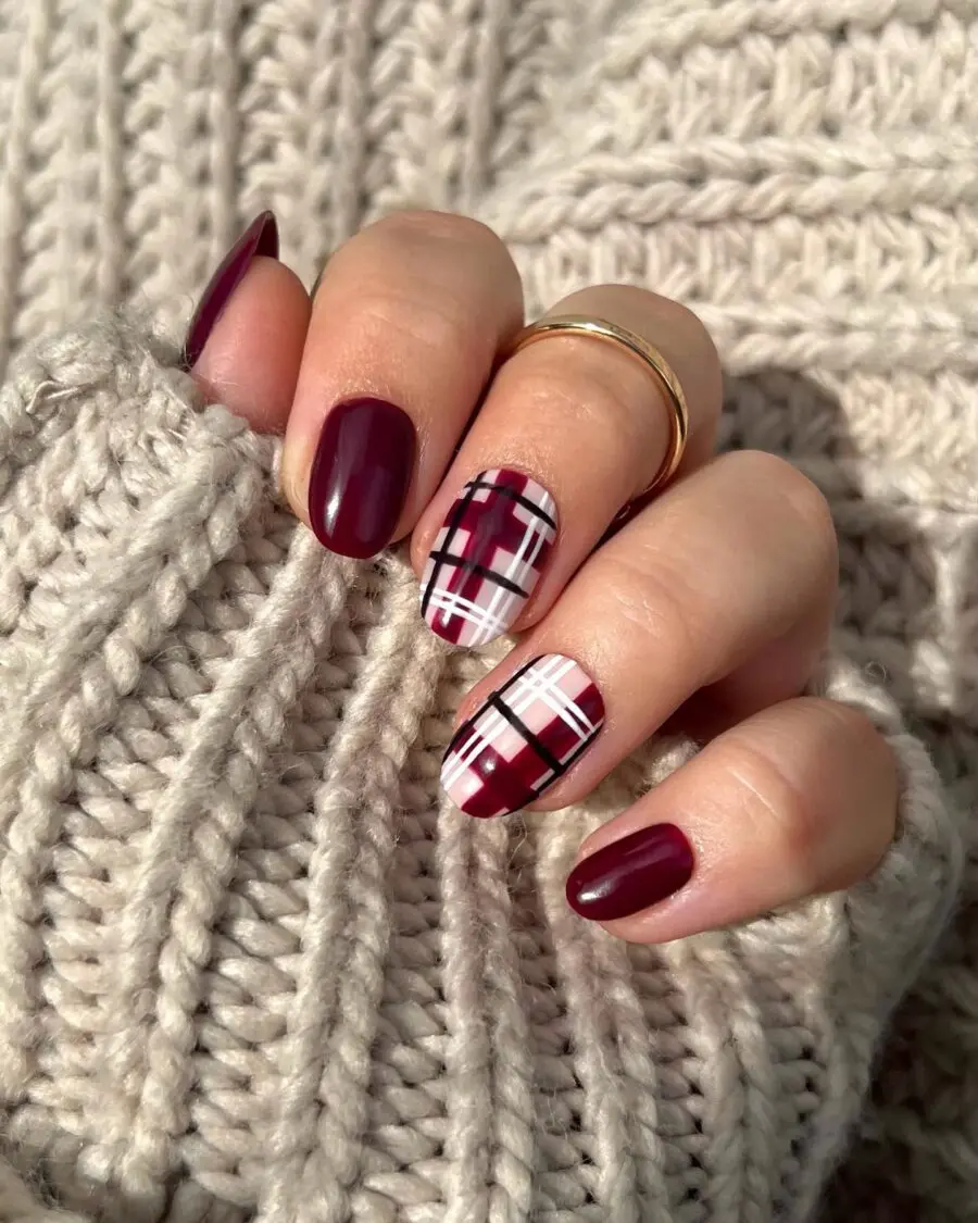 Stylish Burgundy and Plaid Thanksgiving Nail Art