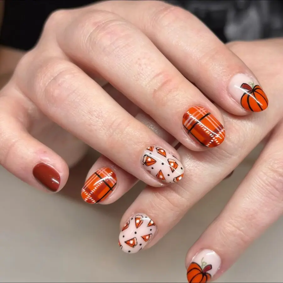 Festive Thanksgiving Nails with Plaid and Pumpkins
