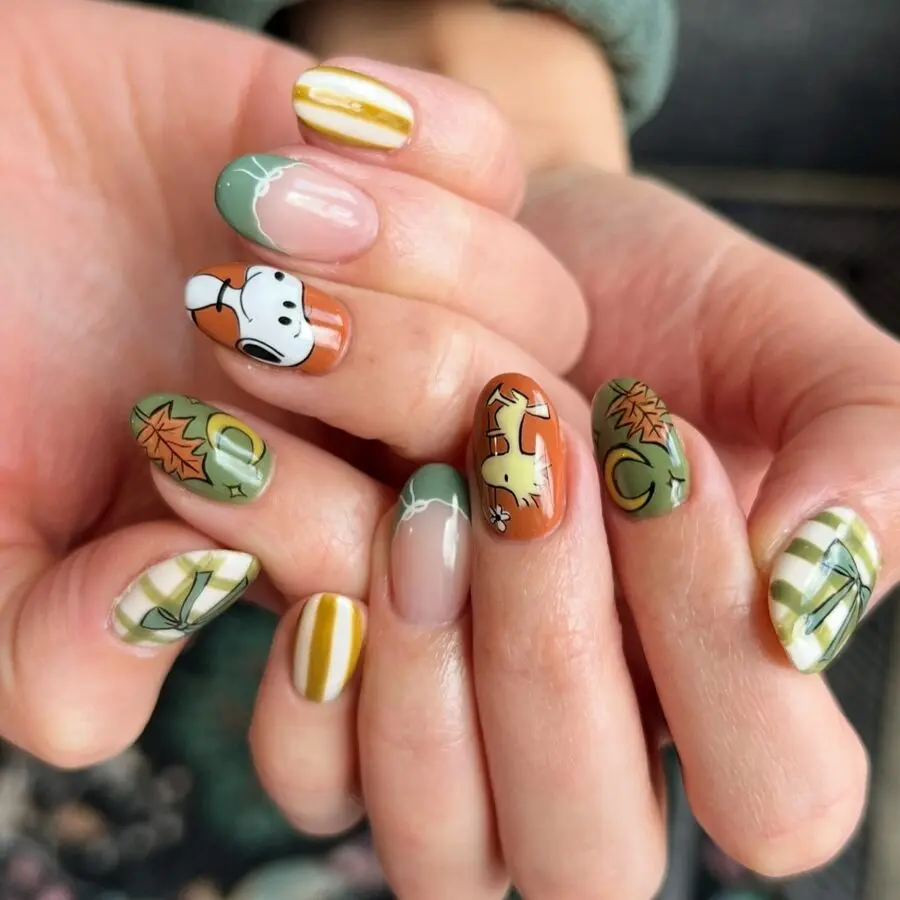 Playful Snoopy-Inspired Thanksgiving Nail Art