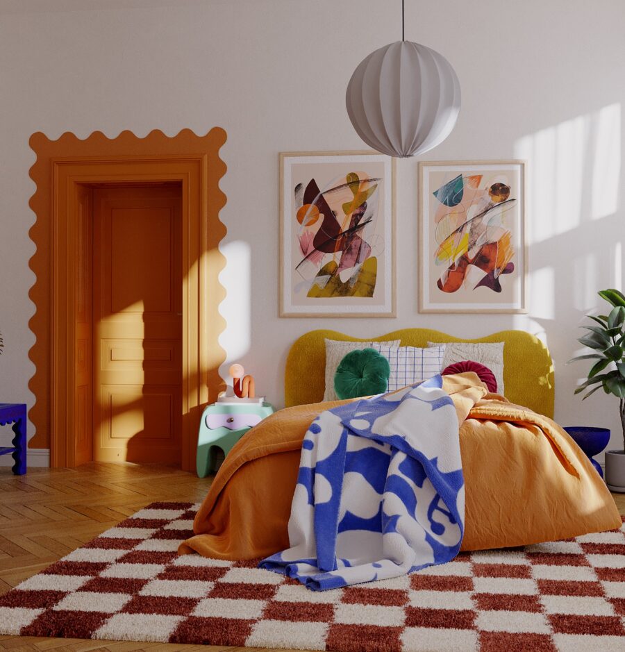 Vibrant bohemian bedroom with colorful decor elements.