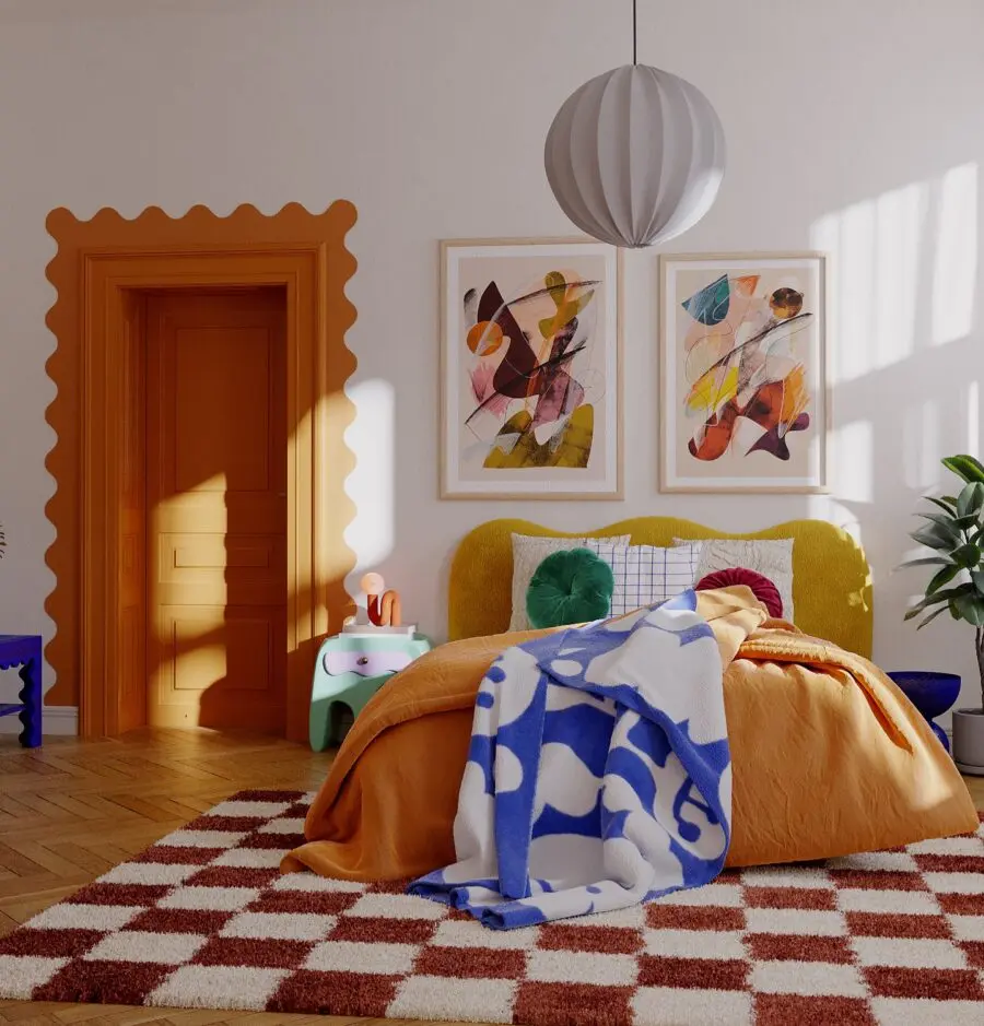 Vibrant bohemian bedroom with colorful decor elements.