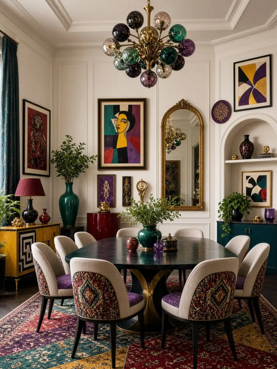 Colorful and stylish eclectic dining space