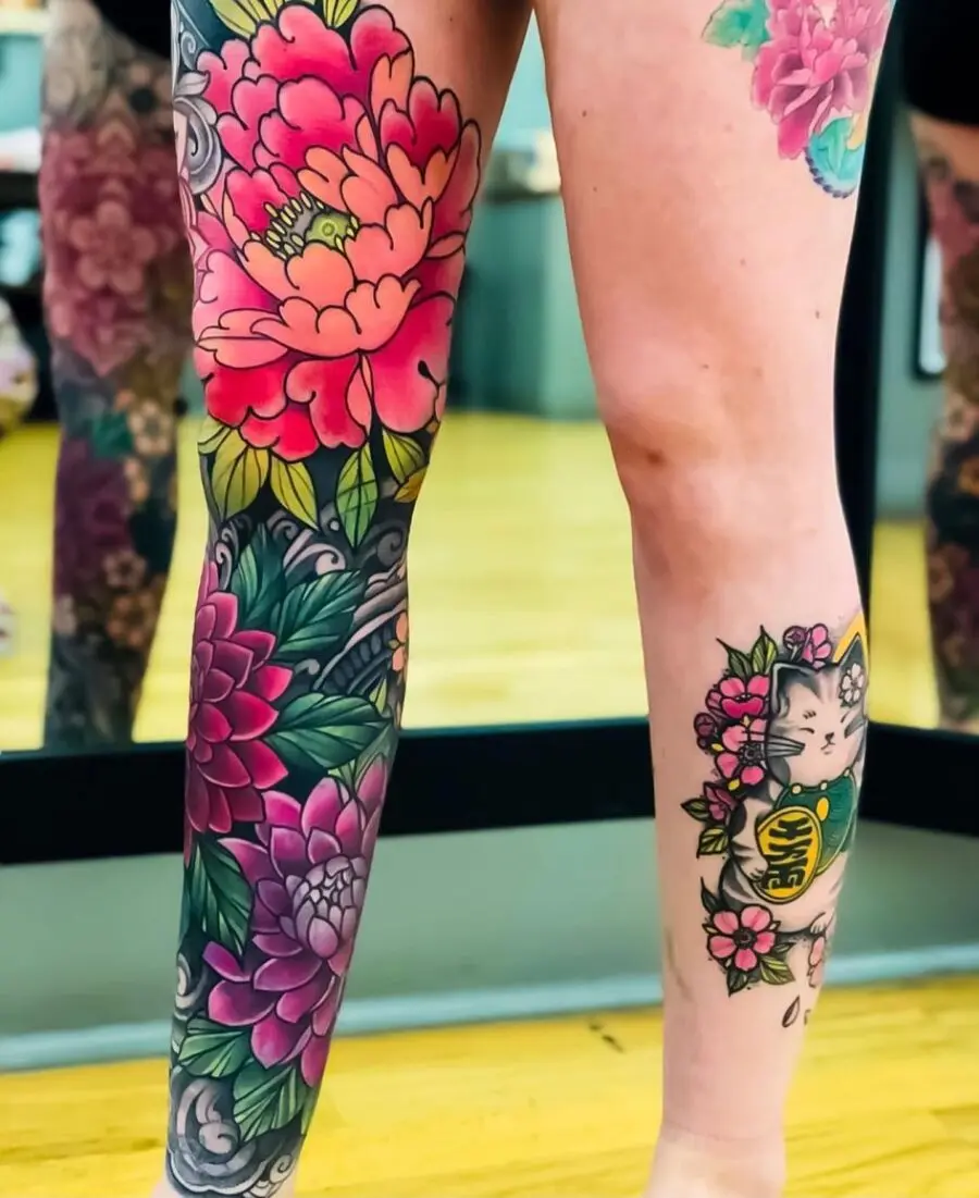 Colorful Japanese tattoo designs on the leg