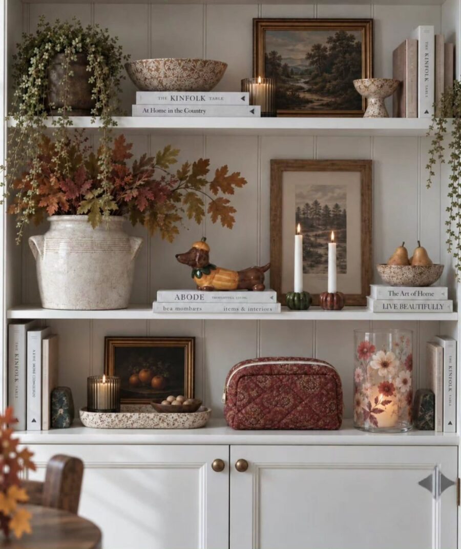 Charming vintage decor for cozy shelves