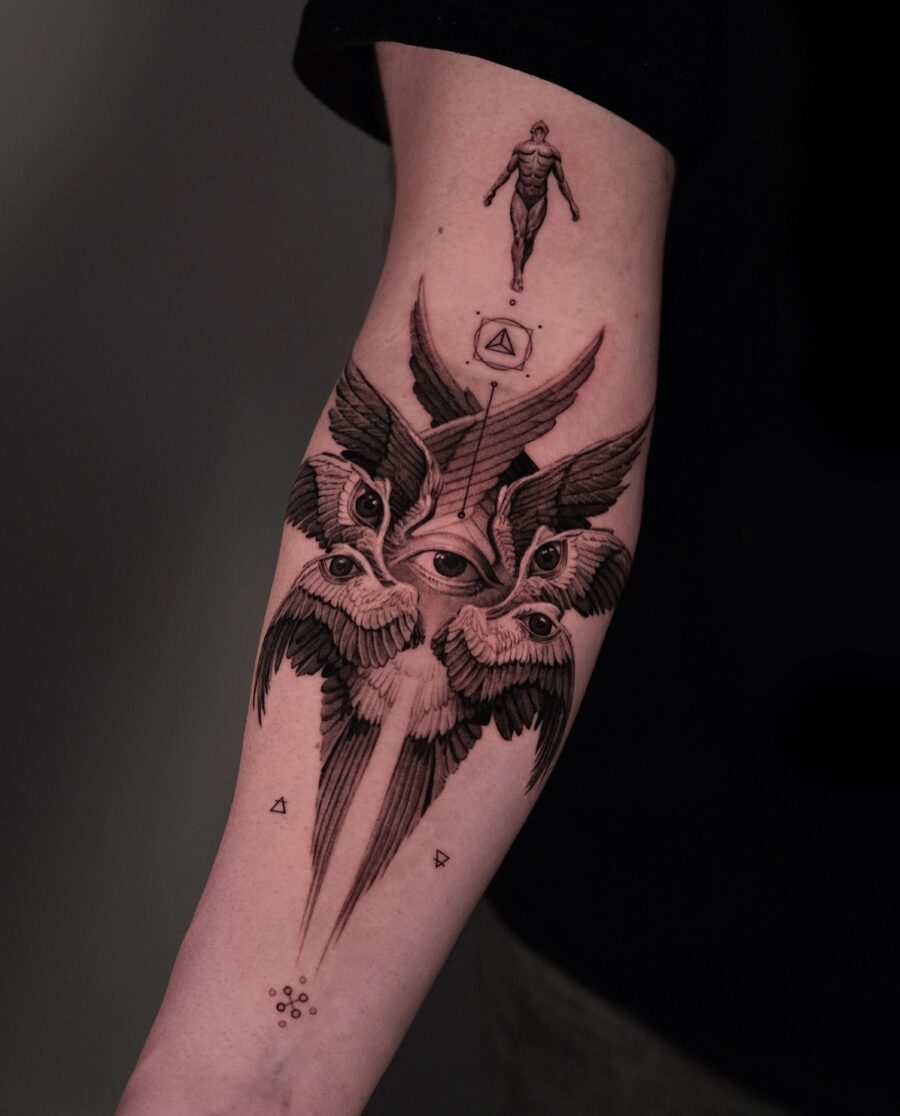 Intricate Biblical Winged Eye Tattoo Design