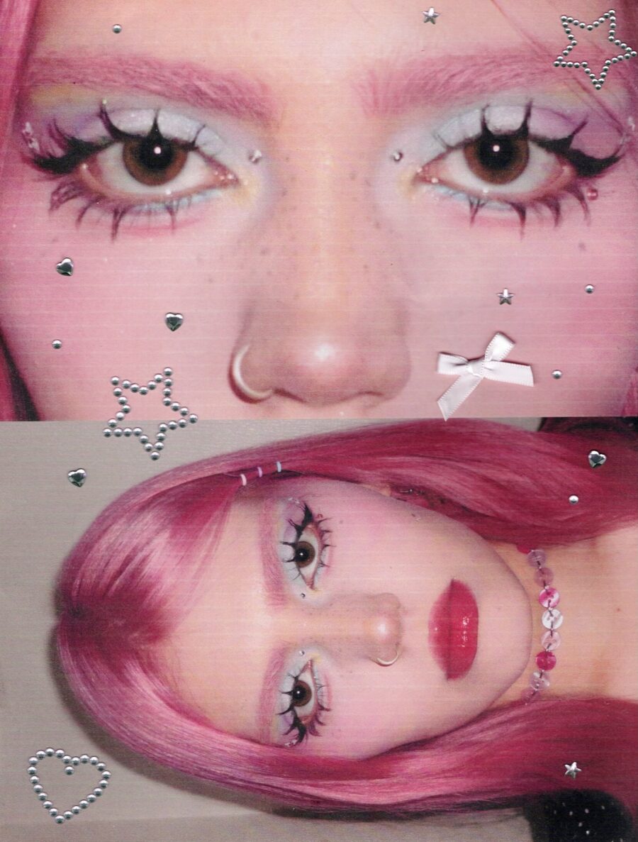 Vibrant Y2K Makeup Look with Shimmery Accents