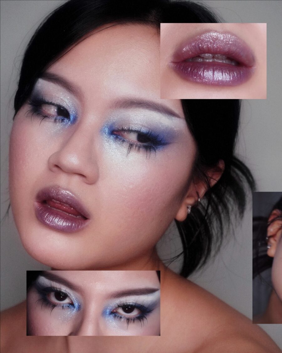 Bold y2k makeup with striking blue accents