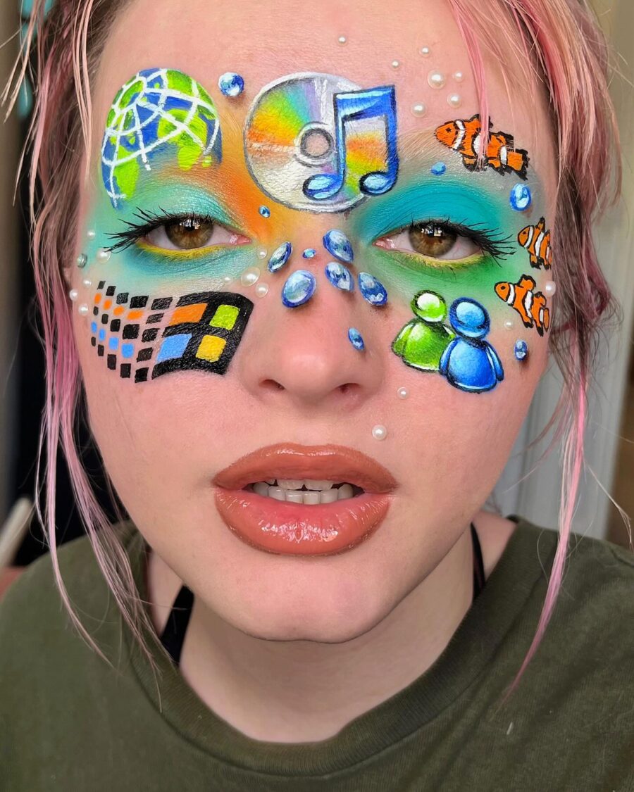 Vibrant Y2K-inspired face art with tech symbols