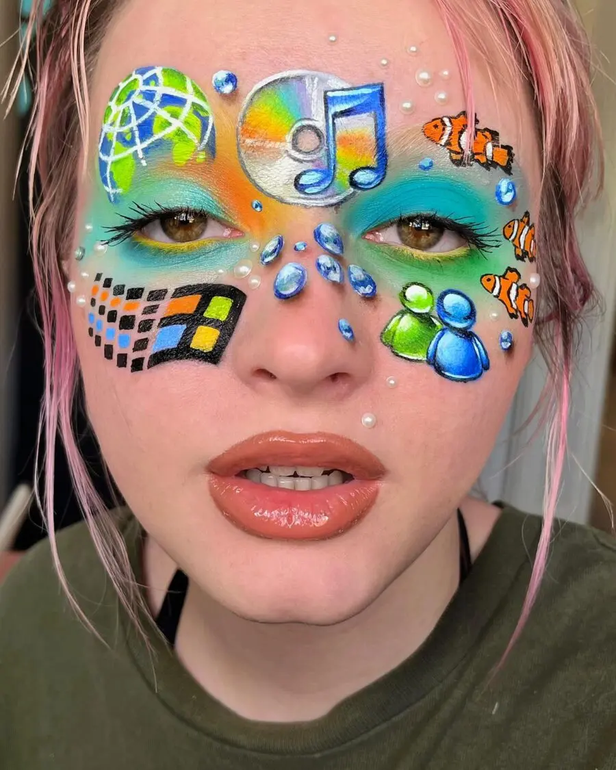 Vibrant Y2K-inspired face art with tech symbols