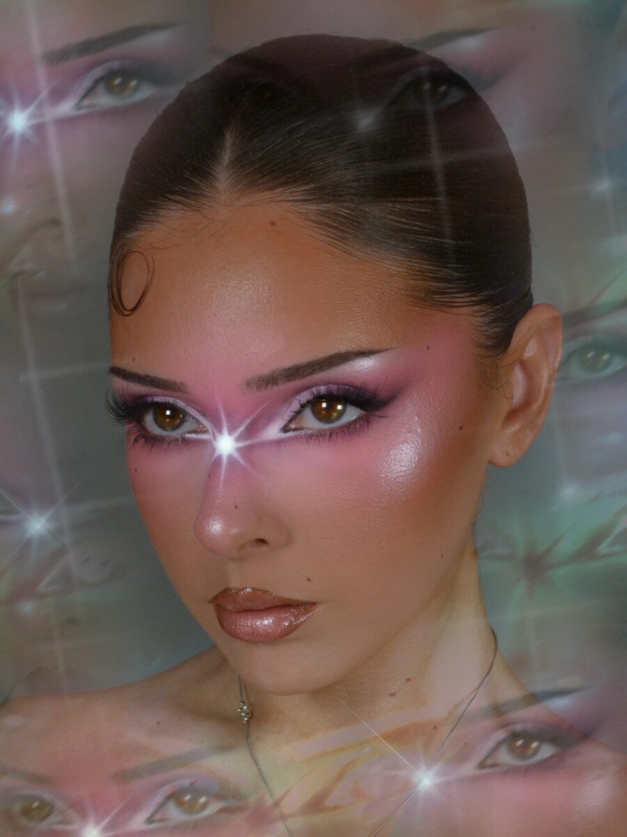 Y2K makeup with vibrant pastel tones and shine