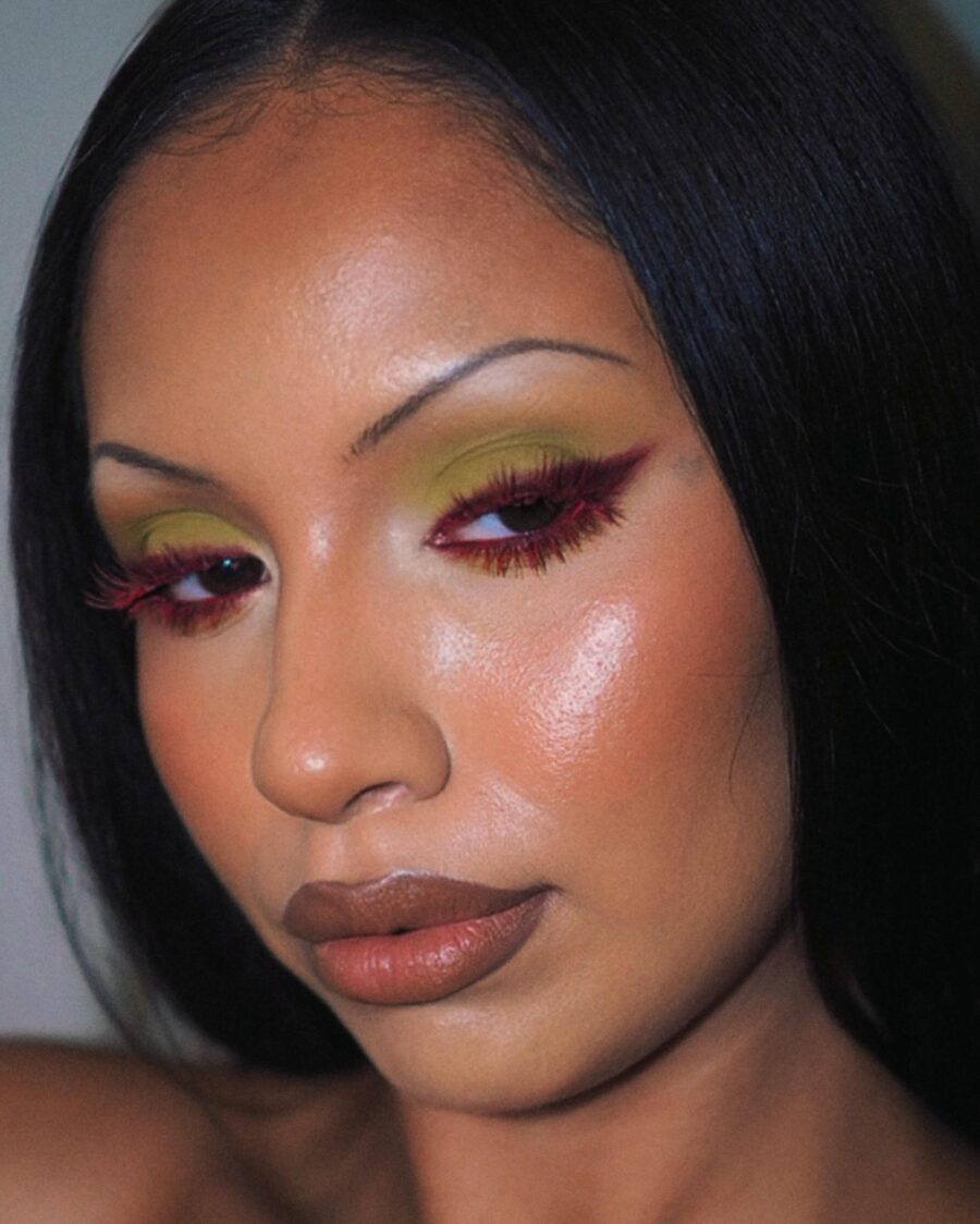 Bold green and red y2k makeup aesthetic